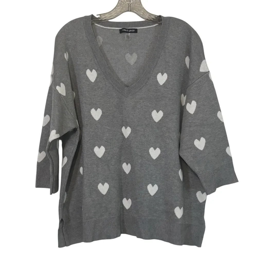 Cable & Gauge Gray V-Neck Sweater White Hearts 3/4 Sleeves